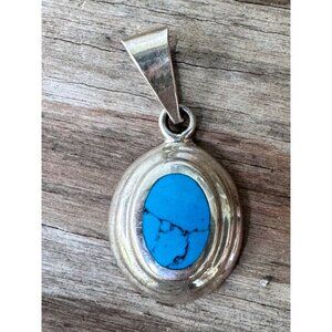 Vintage Sterling Silver Pendant With Blue Turquoise Stone Oval Shape Mexico 925